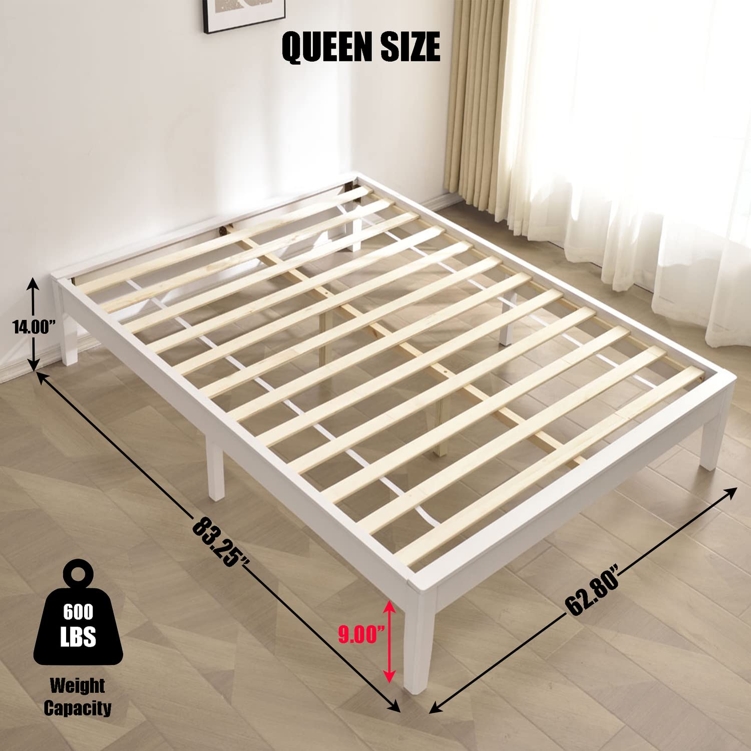 Better Home Products Stella Solid Pine Wood Queen Platform Bed Frame in White